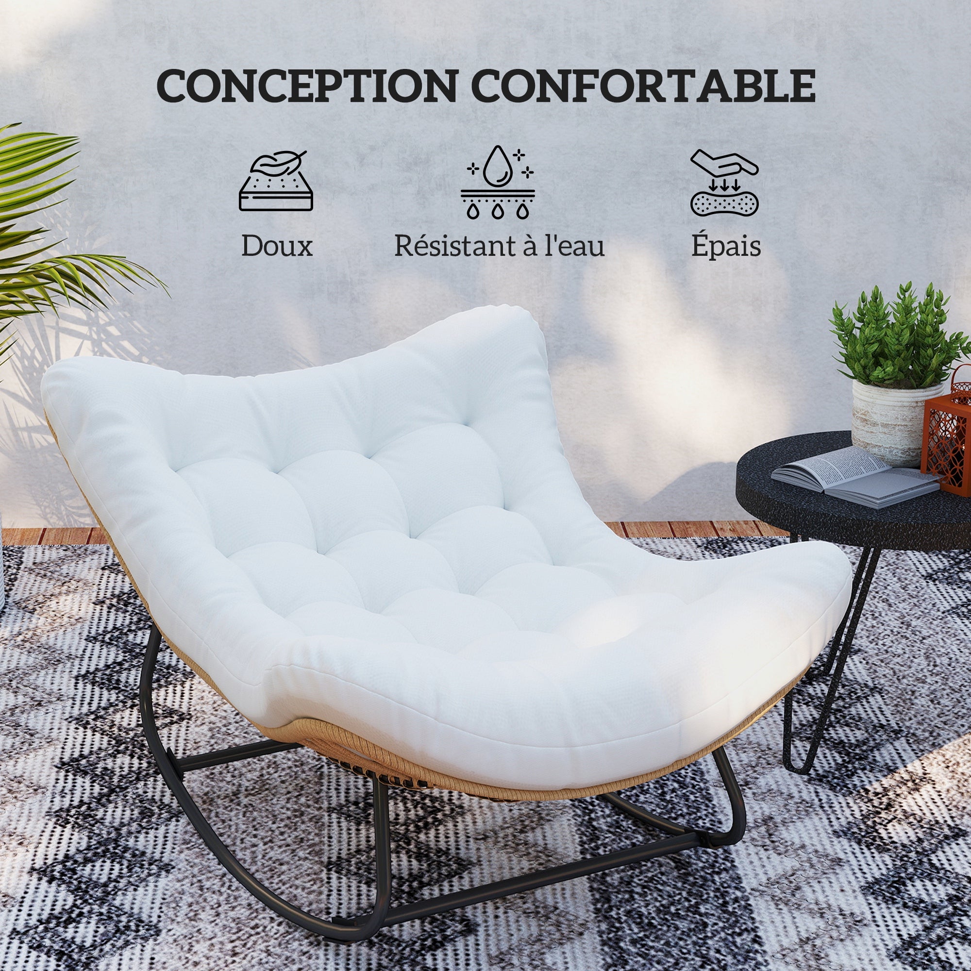 Garden Rocking Chair, Egg-Shaped Woven Resin Rocking Chair with Padded Cushion for Garden, Bedroom, Living Room, Cream