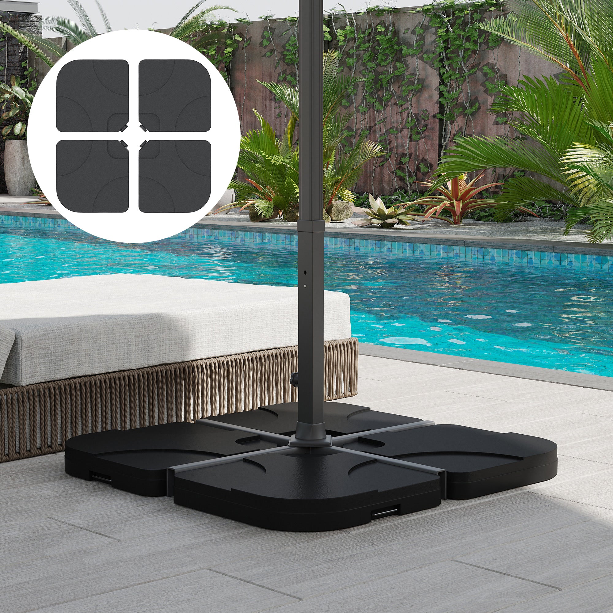 Umbrella Stand 4-piece Umbrella Weight with Handle, Umbrella Stand for Cantilever Umbrella, Ground Cross Fillable with Sand/Water 50x50cm Black