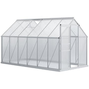 Garden Greenhouse with Polycarbonate 7.1 m² dim. 1.9L x 3.75W x 1.99 H with Foundation, Adjustable Skylight, Sliding Door - Silver and Transparent