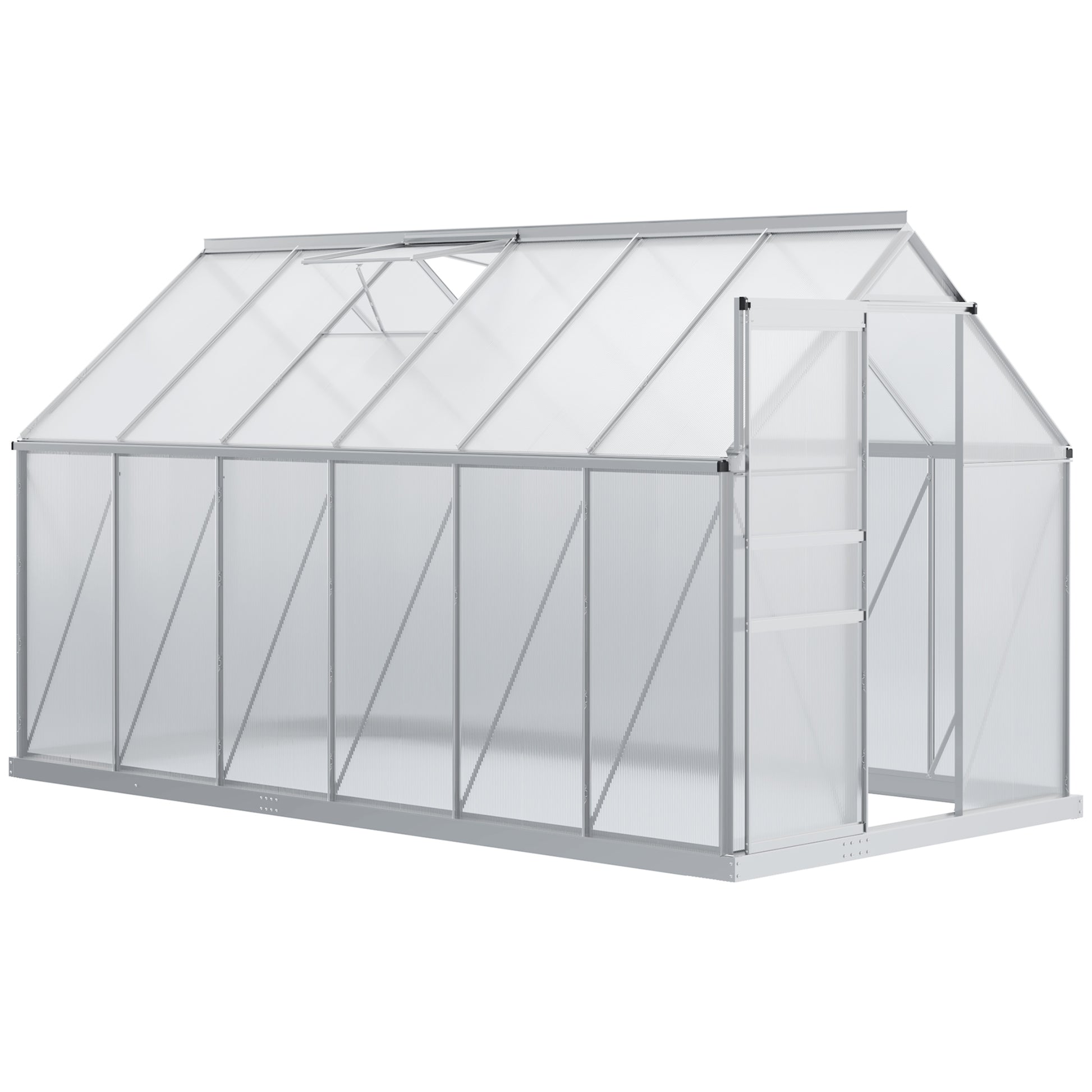 Garden Greenhouse with Polycarbonate 7.1 m² dim. 1.9L x 3.75W x 1.99 H with Foundation, Adjustable Skylight, Sliding Door - Silver and Transparent