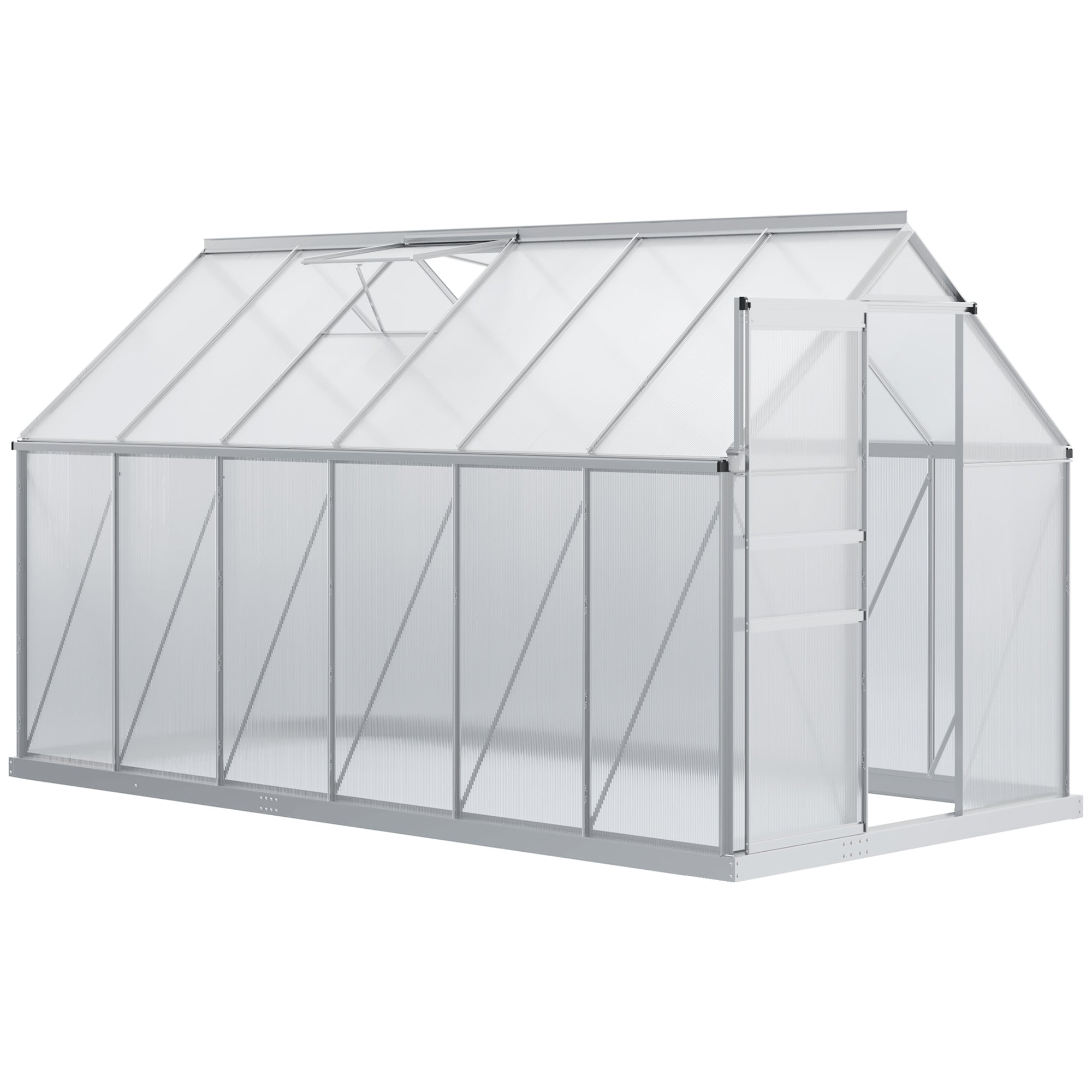 Garden Greenhouse with Polycarbonate 7.1 m² dim. 1.9L x 3.75W x 1.99 H with Foundation, Adjustable Skylight, Sliding Door - Silver and Transparent