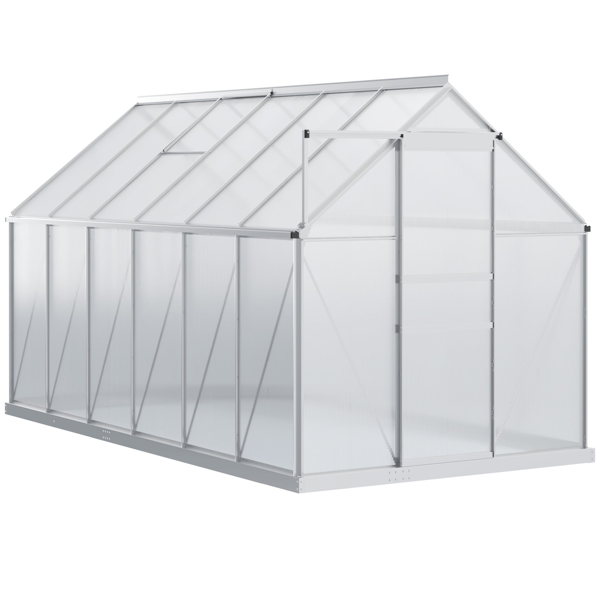 Garden Greenhouse with Polycarbonate 7.1 m² dim. 1.9L x 3.75W x 1.99 H with Foundation, Adjustable Skylight, Sliding Door - Silver and Transparent