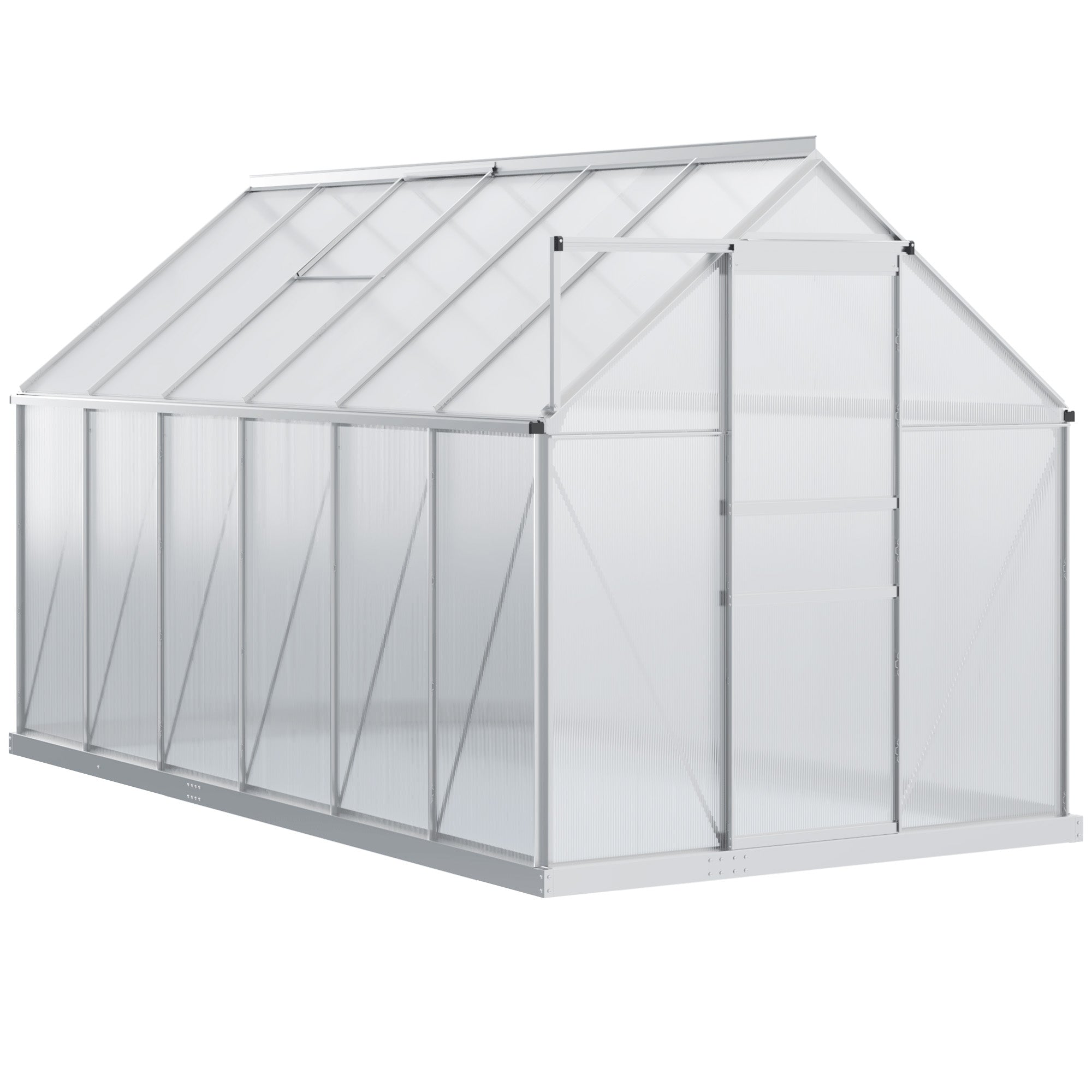 Garden Greenhouse with Polycarbonate 7.1 m² dim. 1.9L x 3.75W x 1.99 H with Foundation, Adjustable Skylight, Sliding Door - Silver and Transparent