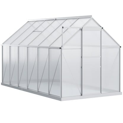Garden Greenhouse with Polycarbonate 7.1 m² dim. 1.9L x 3.75W x 1.99 H with Foundation, Adjustable Skylight, Sliding Door - Silver and Transparent
