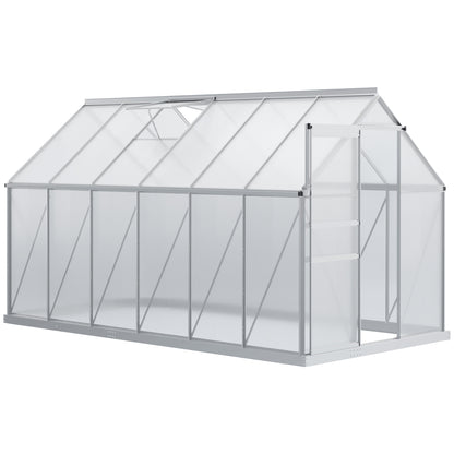 Garden Greenhouse with Polycarbonate 7.1 m² dim. 1.9L x 3.75W x 1.99 H with Foundation, Adjustable Skylight, Sliding Door - Silver and Transparent
