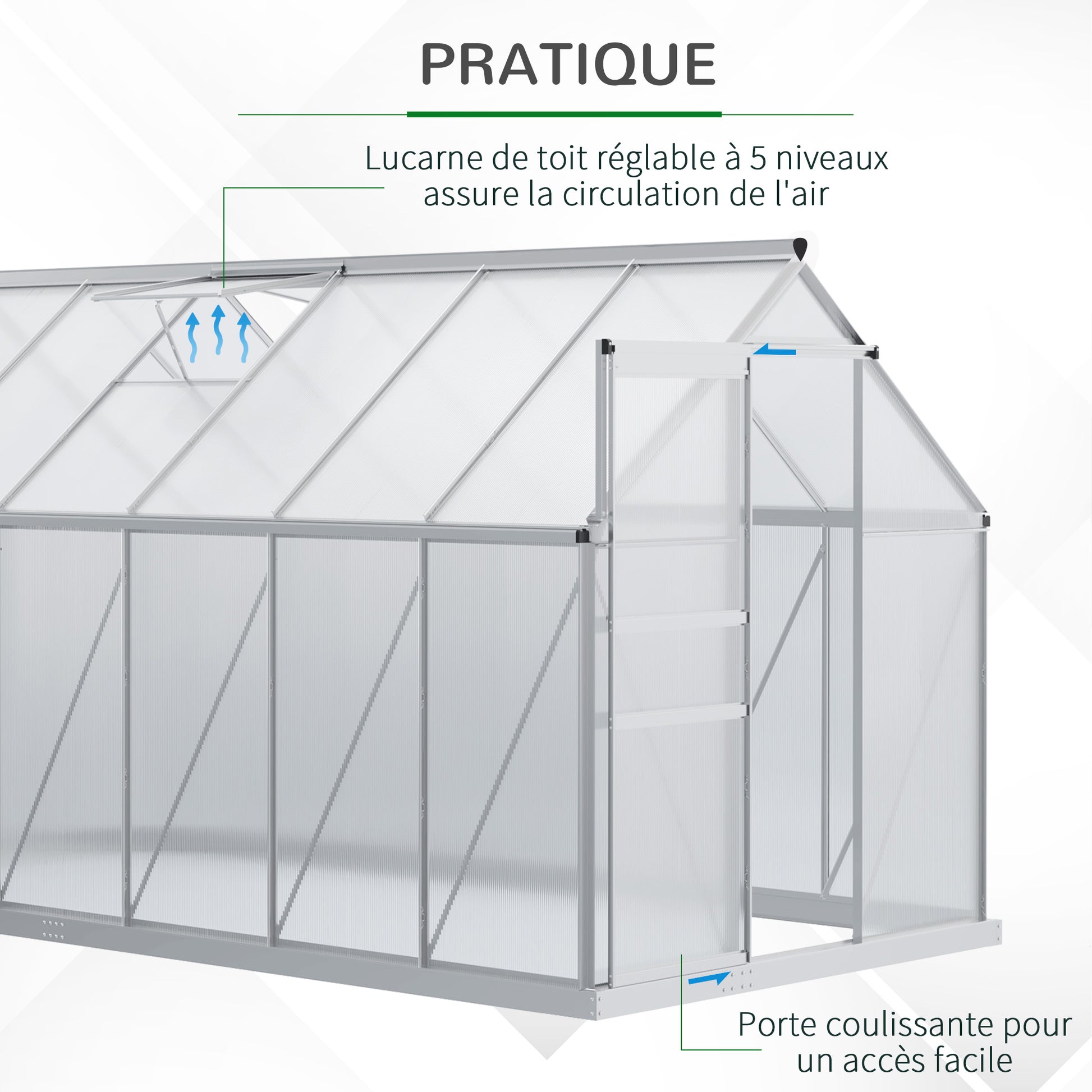 Garden Greenhouse with Polycarbonate 7.1 m² dim. 1.9L x 3.75W x 1.99 H with Foundation, Adjustable Skylight, Sliding Door - Silver and Transparent