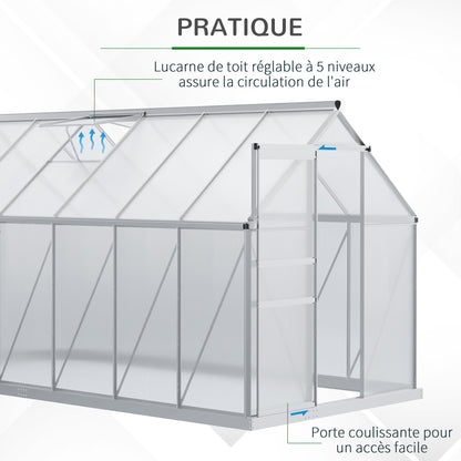 Garden Greenhouse with Polycarbonate 7.1 m² dim. 1.9L x 3.75W x 1.99 H with Foundation, Adjustable Skylight, Sliding Door - Silver and Transparent