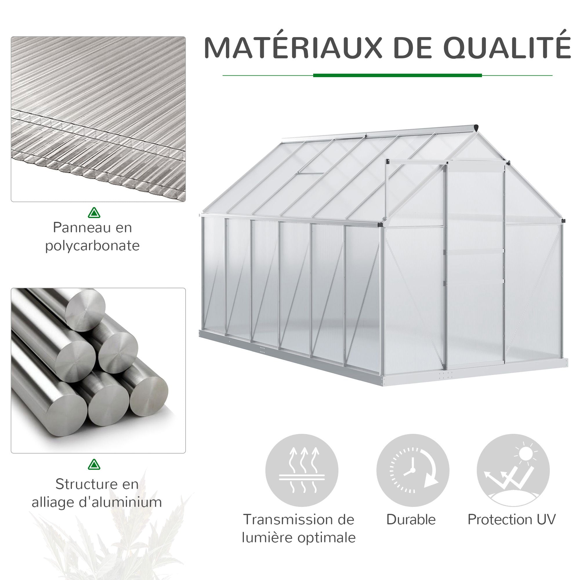 Garden Greenhouse with Polycarbonate 7.1 m² dim. 1.9L x 3.75W x 1.99 H with Foundation, Adjustable Skylight, Sliding Door - Silver and Transparent