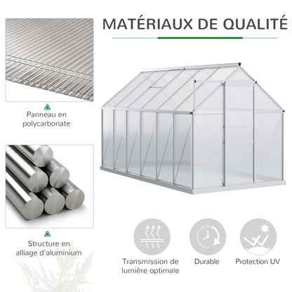 Garden Greenhouse with Polycarbonate 7.1 m² dim. 1.9L x 3.75W x 1.99 H with Foundation, Adjustable Skylight, Sliding Door - Silver and Transparent