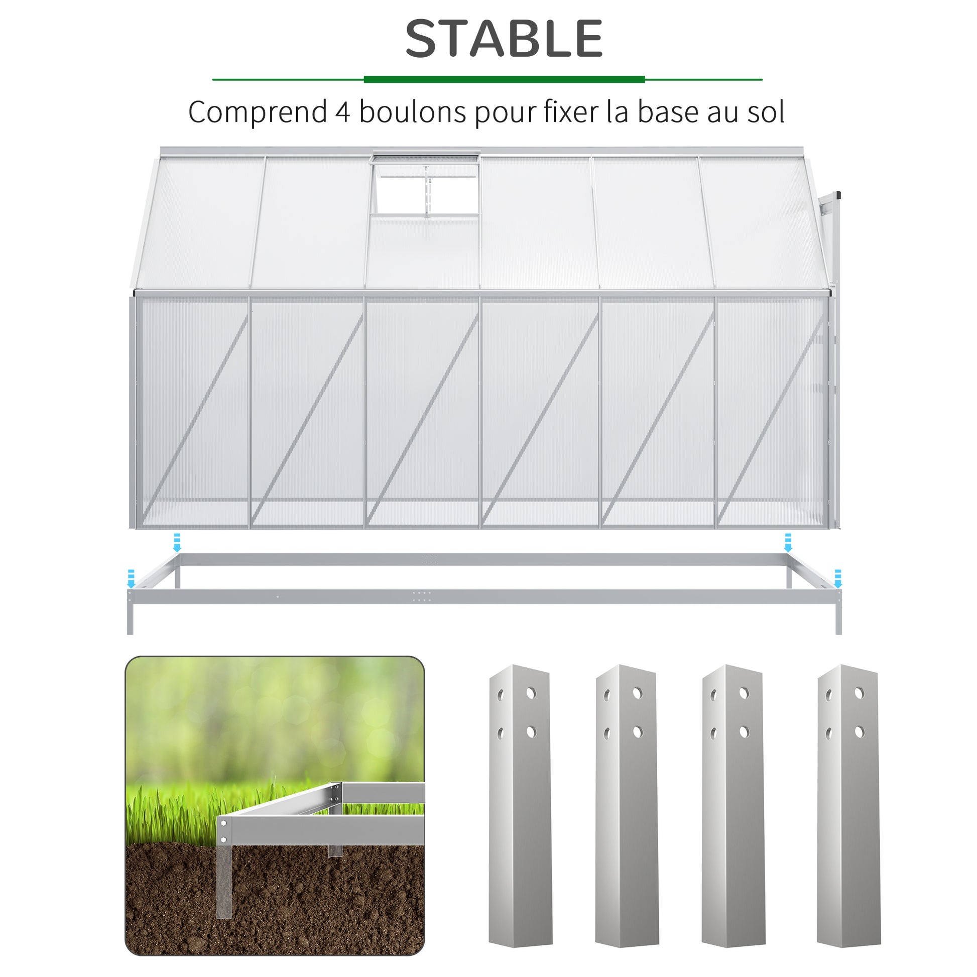 Garden Greenhouse with Polycarbonate 7.1 m² dim. 1.9L x 3.75W x 1.99 H with Foundation, Adjustable Skylight, Sliding Door - Silver and Transparent