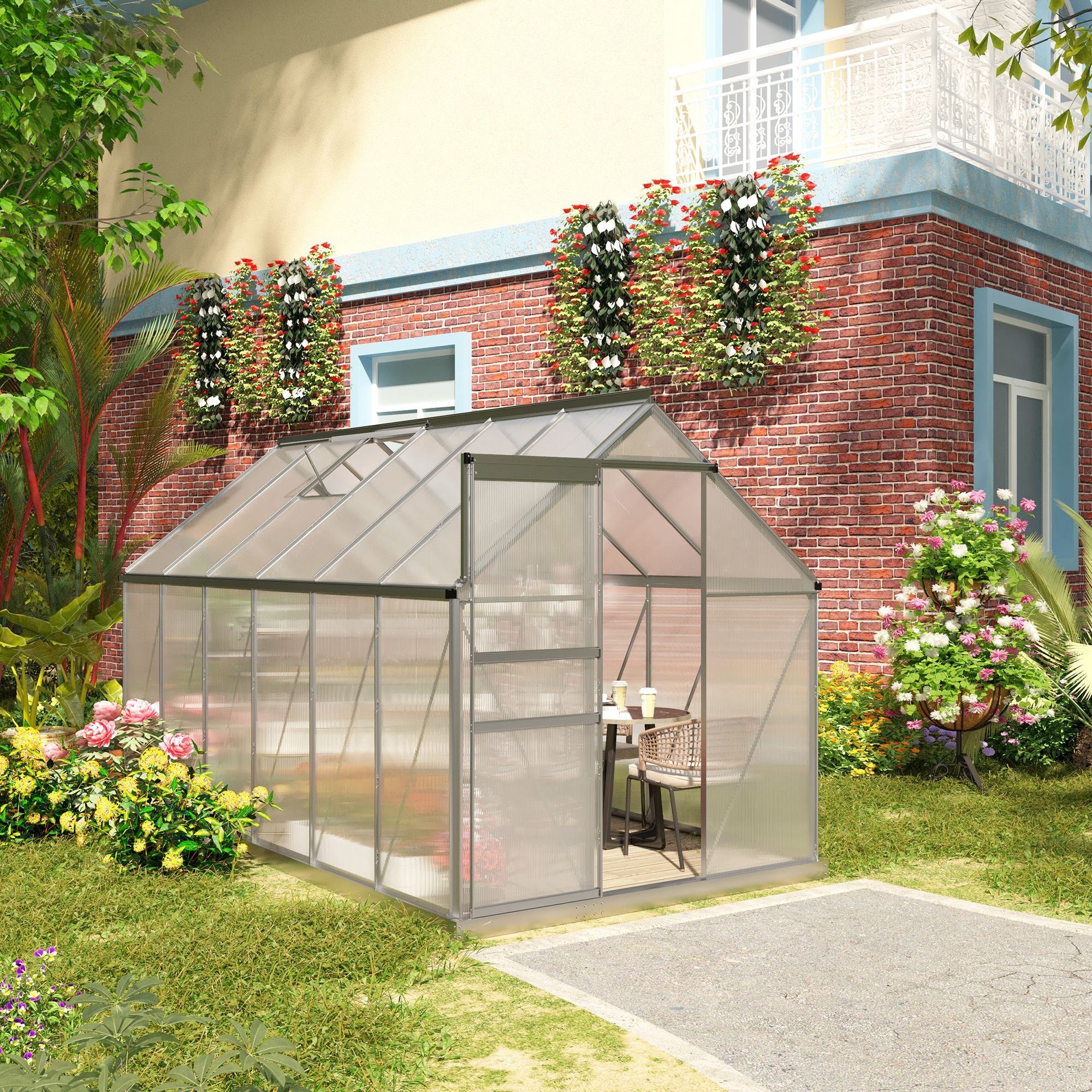 Garden Greenhouse with Polycarbonate 7.1 m² dim. 1.9L x 3.75W x 1.99 H with Foundation, Adjustable Skylight, Sliding Door - Silver and Transparent
