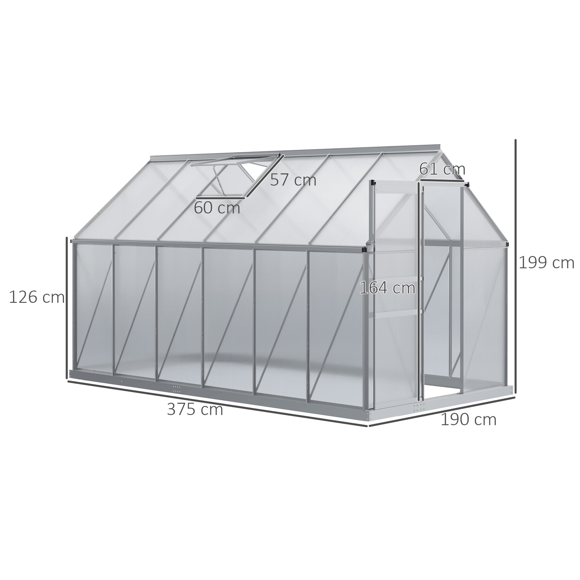 Garden Greenhouse with Polycarbonate 7.1 m² dim. 1.9L x 3.75W x 1.99 H with Foundation, Adjustable Skylight, Sliding Door - Silver and Transparent