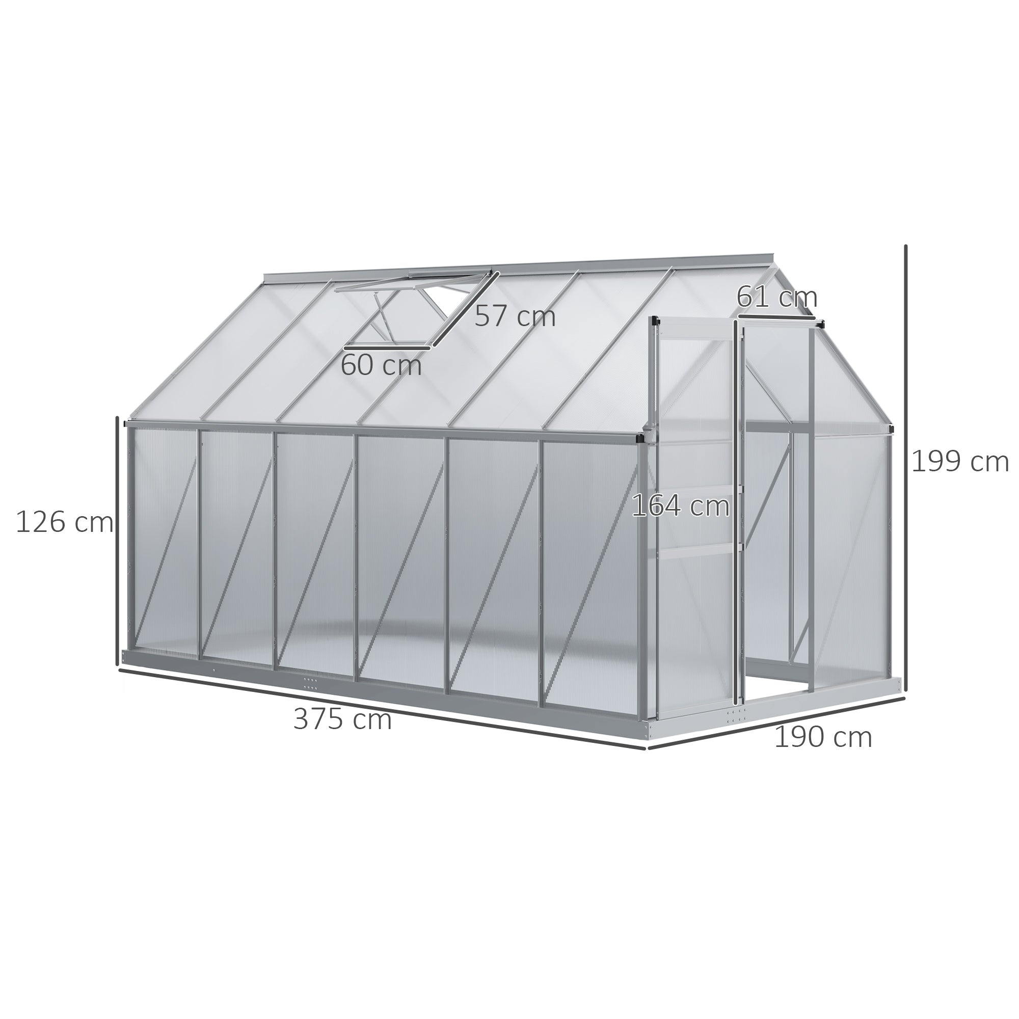 Garden Greenhouse with Polycarbonate 7.1 m² dim. 1.9L x 3.75W x 1.99 H with Foundation, Adjustable Skylight, Sliding Door - Silver and Transparent