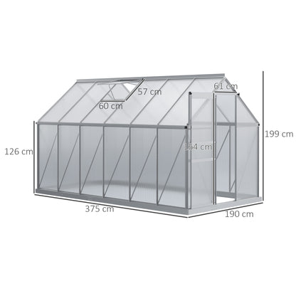 Garden Greenhouse with Polycarbonate 7.1 m² dim. 1.9L x 3.75W x 1.99 H with Foundation, Adjustable Skylight, Sliding Door - Silver and Transparent