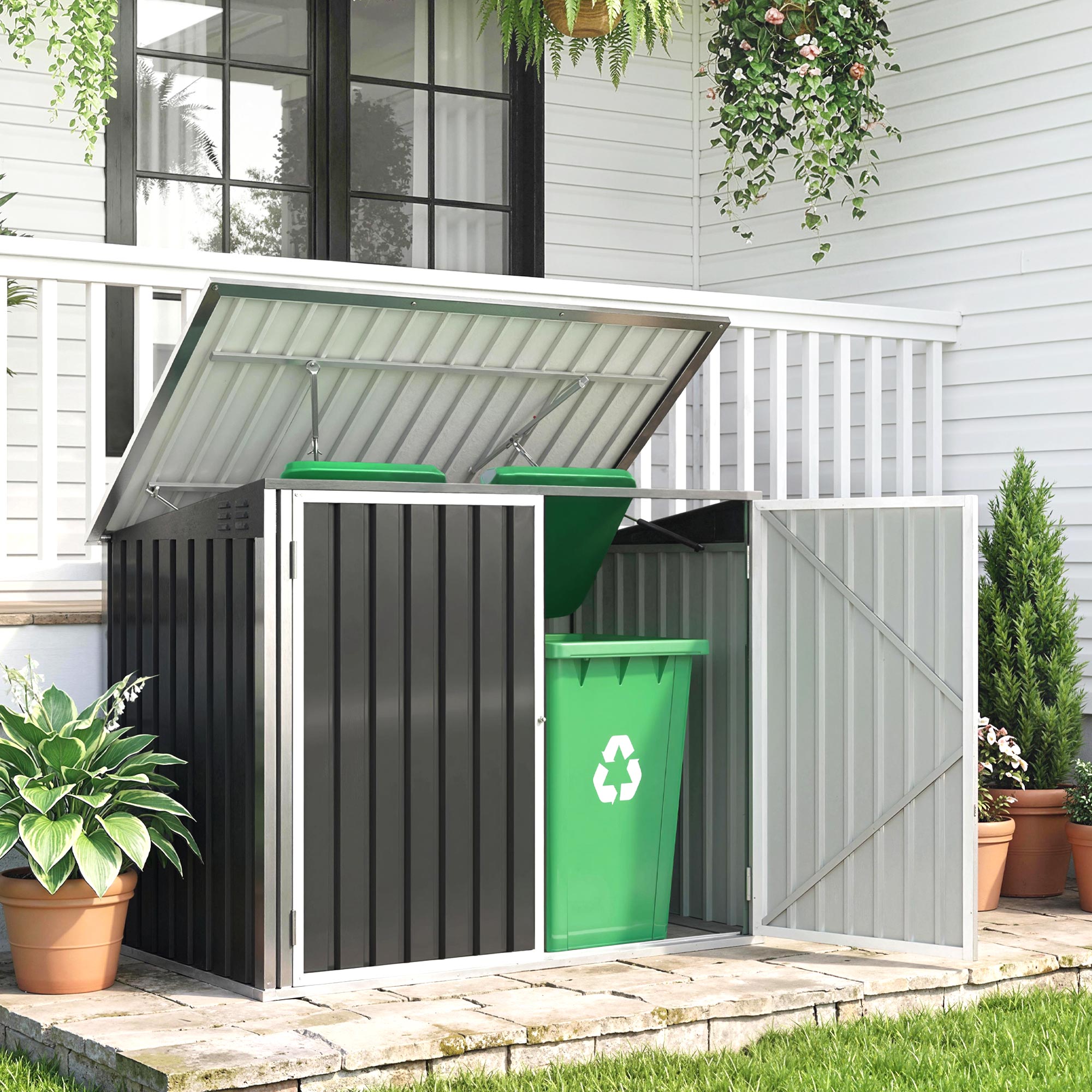 Double Trash Bin Storage Shed — Galvanized Steel, Gas-Strut Hinged Lid & Lockable Double Doors, Dark Gray, 70.7×42.5×44.5–51 in