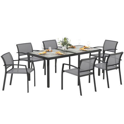 7-Piece Dining Group for 6 Persons Dining Table with 6 Stackable Chairs, Dining Set Kitchen Table Set with Steel Frame Balcony Furniture Garden Furniture for Terrace, Balcony Gray