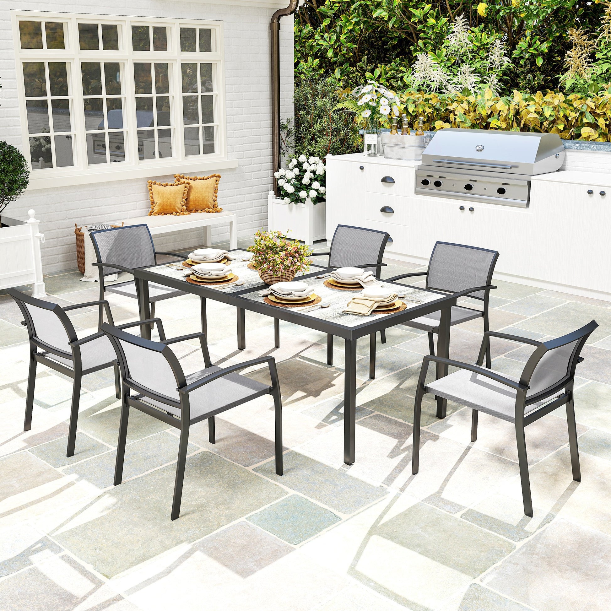 7-Piece Dining Group for 6 Persons Dining Table with 6 Stackable Chairs, Dining Set Kitchen Table Set with Steel Frame Balcony Furniture Garden Furniture for Terrace, Balcony Gray
