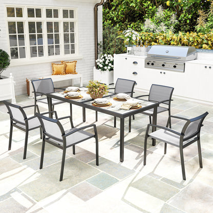 7-Piece Dining Group for 6 Persons Dining Table with 6 Stackable Chairs, Dining Set Kitchen Table Set with Steel Frame Balcony Furniture Garden Furniture for Terrace, Balcony Gray