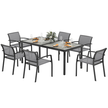 7-Piece Dining Group for 6 Persons Dining Table with 6 Stackable Chairs, Dining Set Kitchen Table Set with Steel Frame Balcony Furniture Garden Furniture for Terrace, Balcony Gray