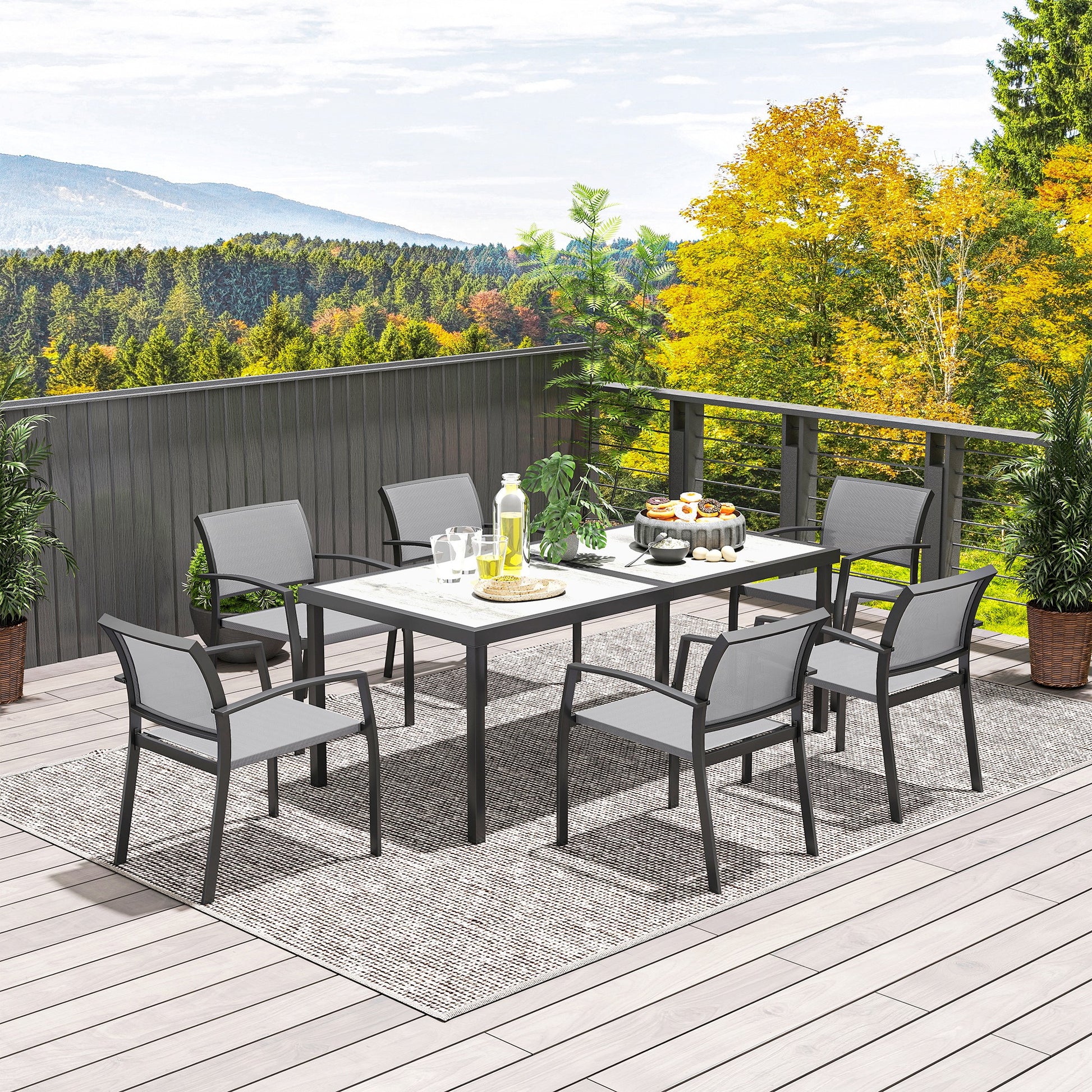 7-Piece Dining Group for 6 Persons Dining Table with 6 Stackable Chairs, Dining Set Kitchen Table Set with Steel Frame Balcony Furniture Garden Furniture for Terrace, Balcony Gray