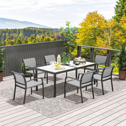 7-Piece Dining Group for 6 Persons Dining Table with 6 Stackable Chairs, Dining Set Kitchen Table Set with Steel Frame Balcony Furniture Garden Furniture for Terrace, Balcony Gray