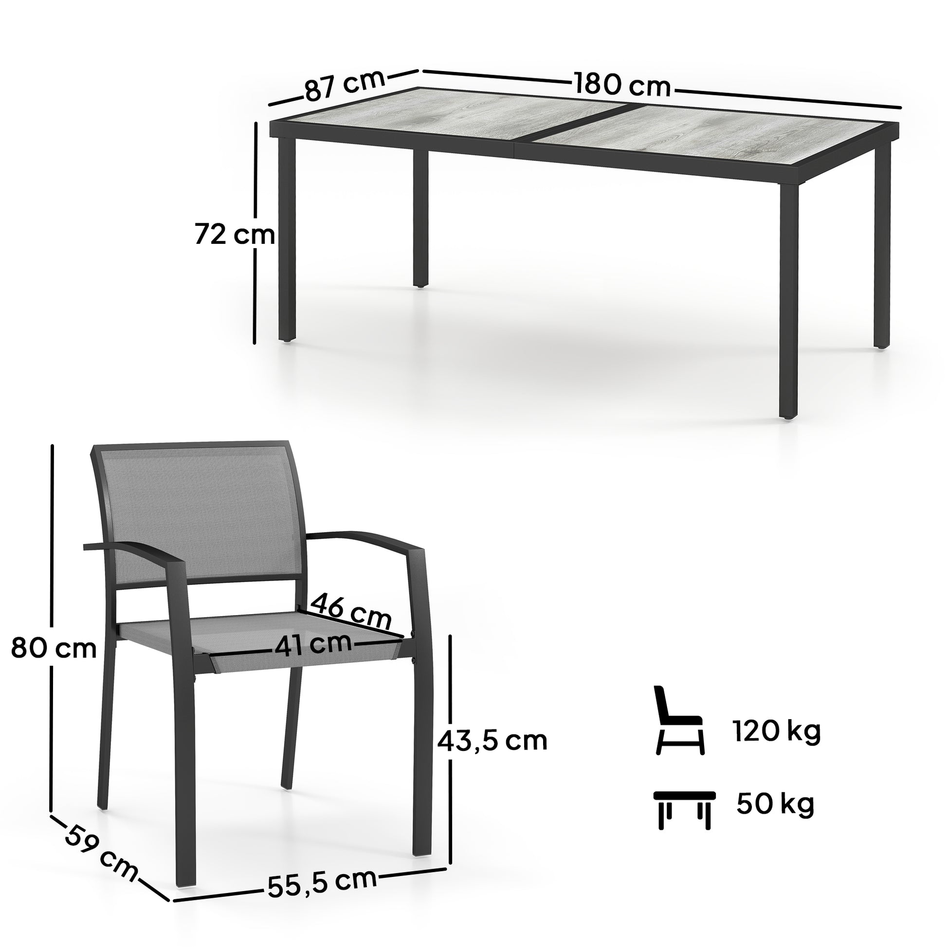 7-Piece Dining Group for 6 Persons Dining Table with 6 Stackable Chairs, Dining Set Kitchen Table Set with Steel Frame Balcony Furniture Garden Furniture for Terrace, Balcony Gray