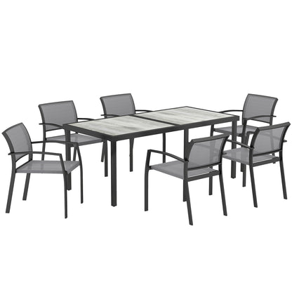 7-Piece Dining Group for 6 Persons Dining Table with 6 Stackable Chairs, Dining Set Kitchen Table Set with Steel Frame Balcony Furniture Garden Furniture for Terrace, Balcony Gray