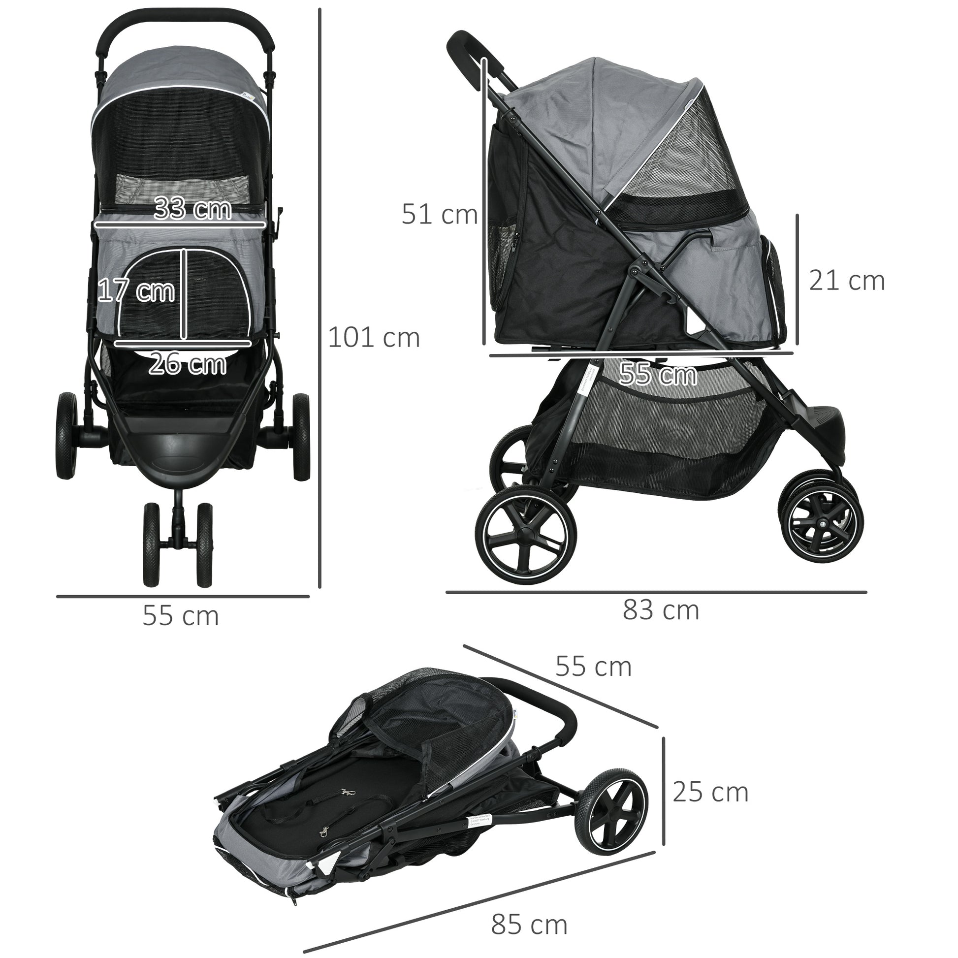 Dog Buggy Pet Stroller with Rain Cover 2 Safety Leashes Cat Stroller with Storage Basket Foldable Dog Crate for Small and Miniature Dogs, Oxford, Grey