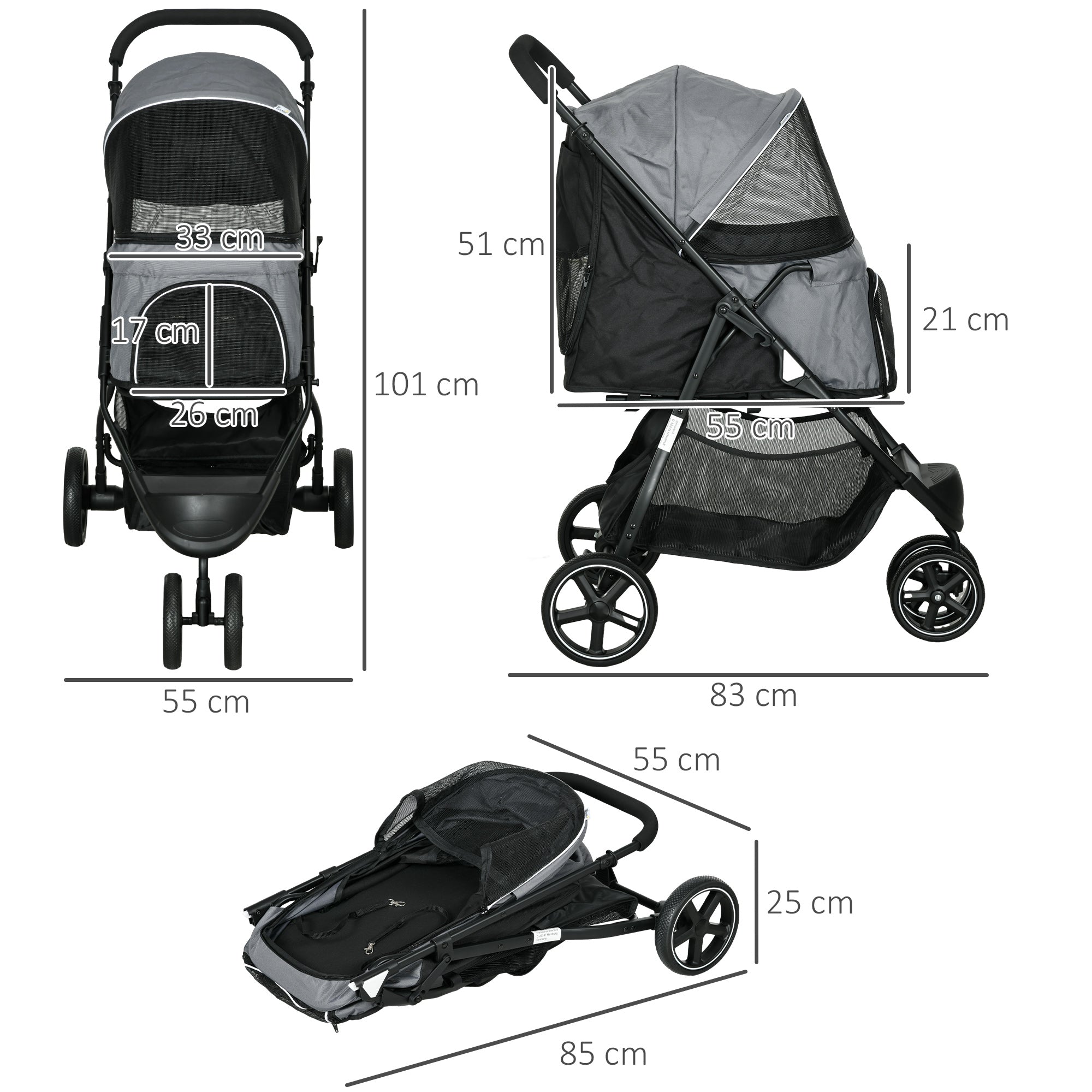 Dog Buggy Pet Stroller with Rain Cover 2 Safety Leashes Cat Stroller with Storage Basket Foldable Dog Crate for Small and Miniature Dogs, Oxford, Grey