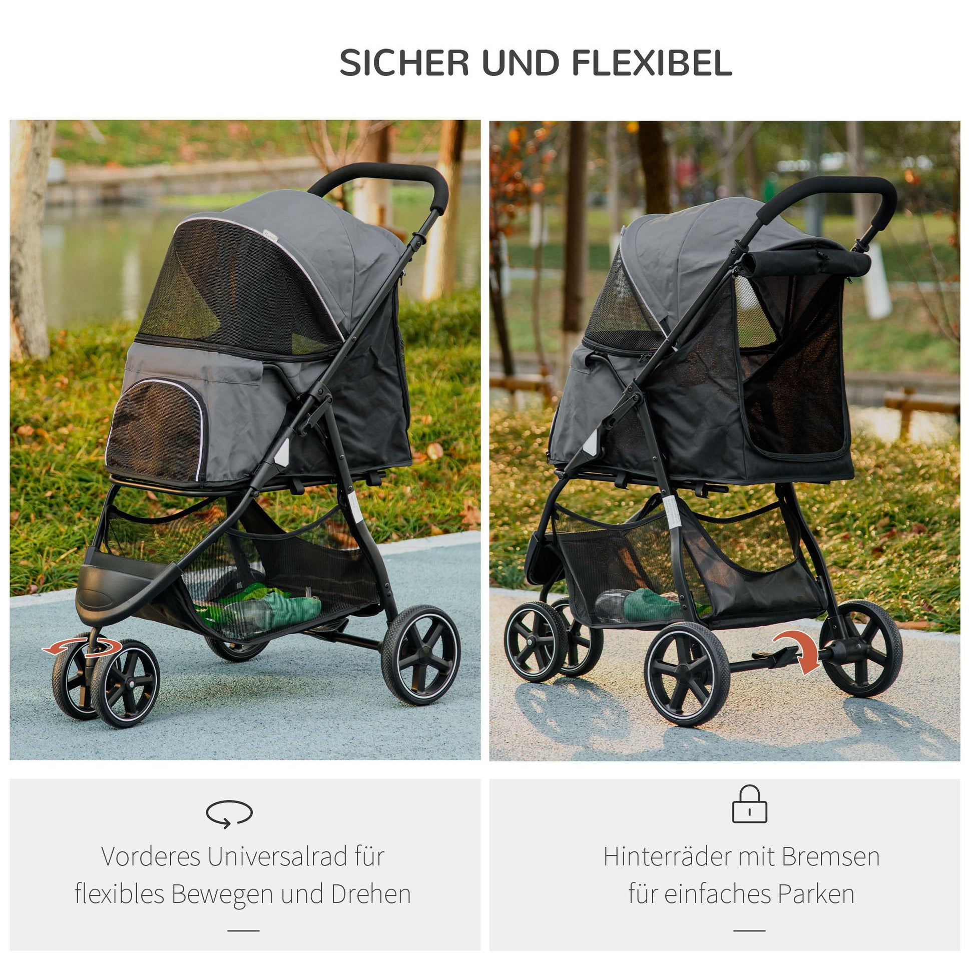 Dog Buggy Pet Stroller with Rain Cover 2 Safety Leashes Cat Stroller with Storage Basket Foldable Dog Crate for Small and Miniature Dogs, Oxford, Grey