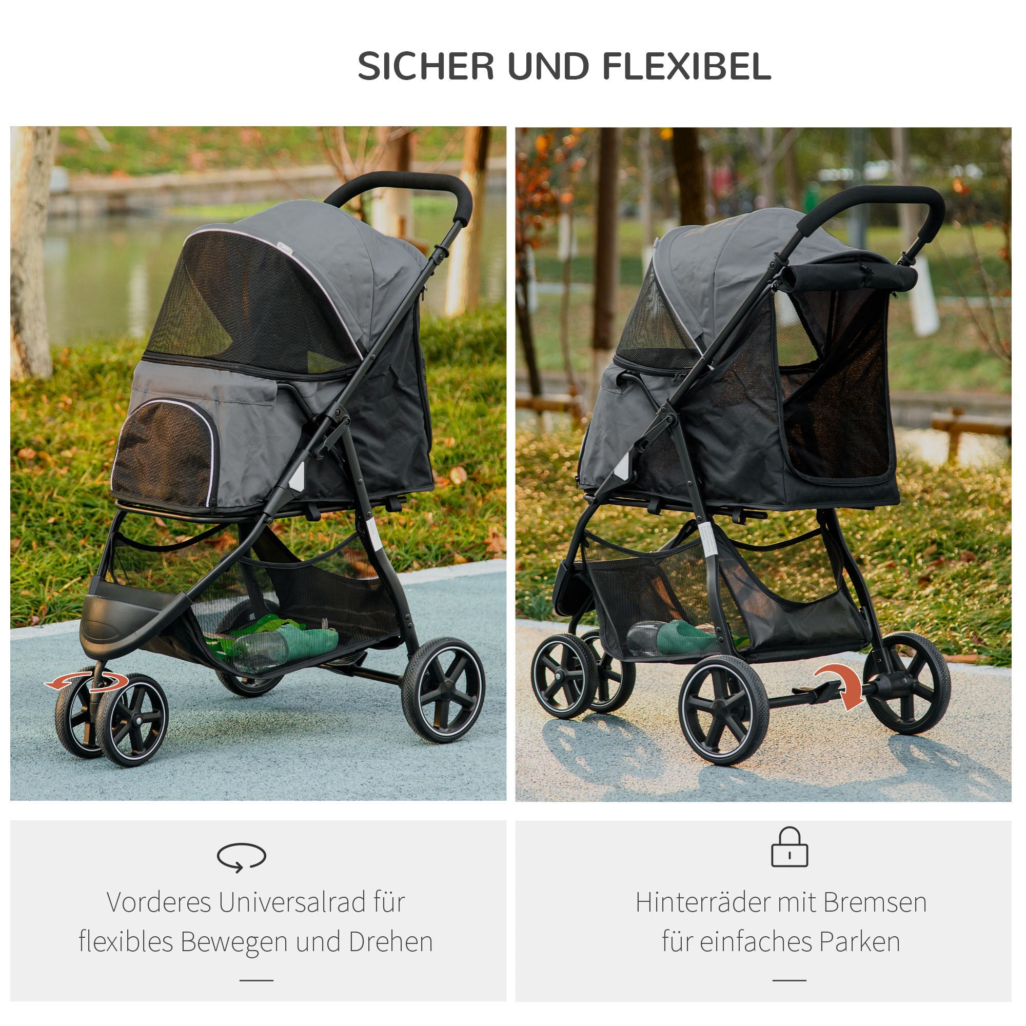 Dog Buggy Pet Stroller with Rain Cover 2 Safety Leashes Cat Stroller with Storage Basket Foldable Dog Crate for Small and Miniature Dogs, Oxford, Grey