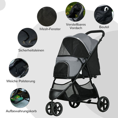 Dog Buggy Pet Stroller with Rain Cover 2 Safety Leashes Cat Stroller with Storage Basket Foldable Dog Crate for Small and Miniature Dogs, Oxford, Grey