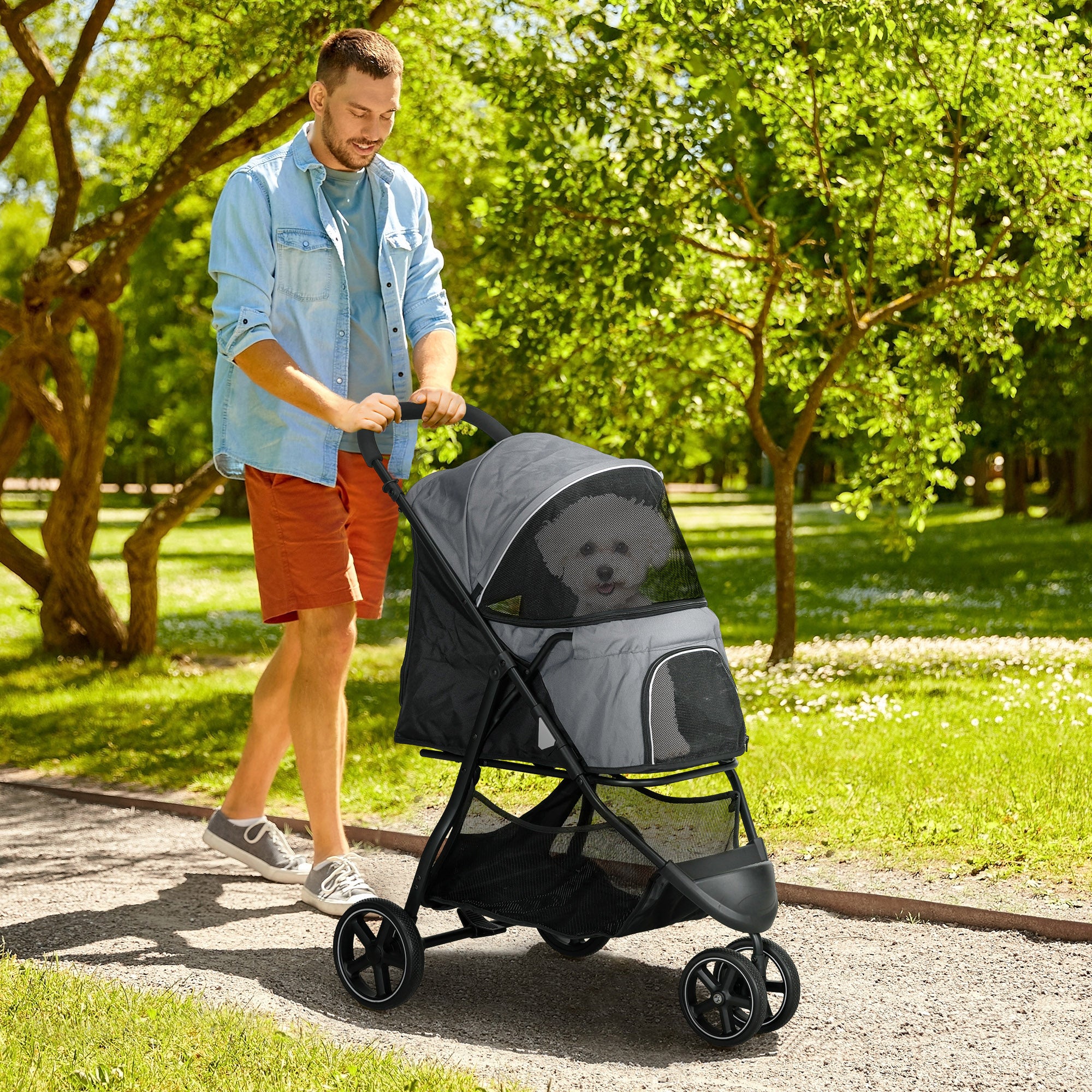 Dog Buggy Pet Stroller with Rain Cover 2 Safety Leashes Cat Stroller with Storage Basket Foldable Dog Crate for Small and Miniature Dogs, Oxford, Grey