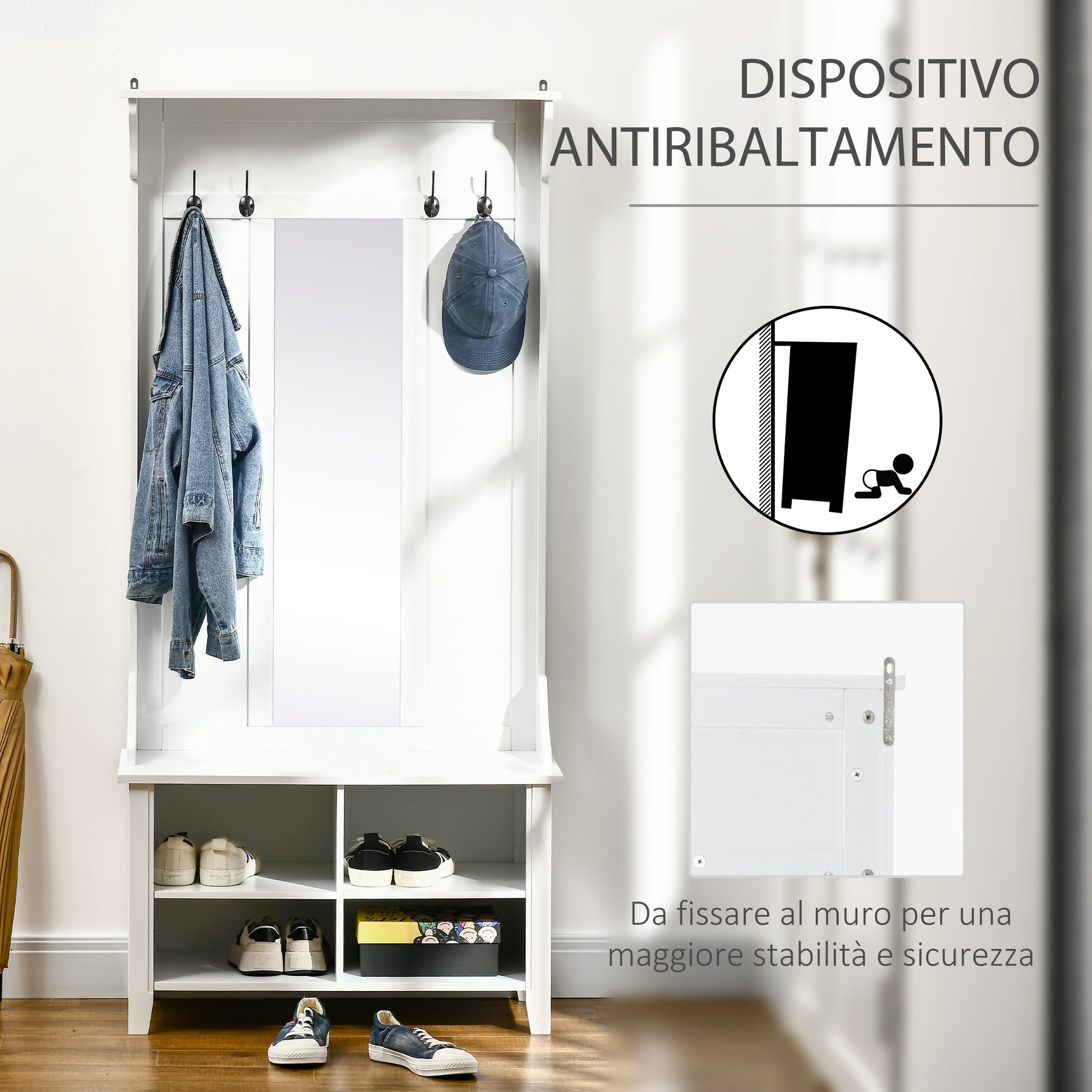 Coat Rack Coat Stand with Mirror Shoe Rack 4 Hooks Wood 80x40x170cm White