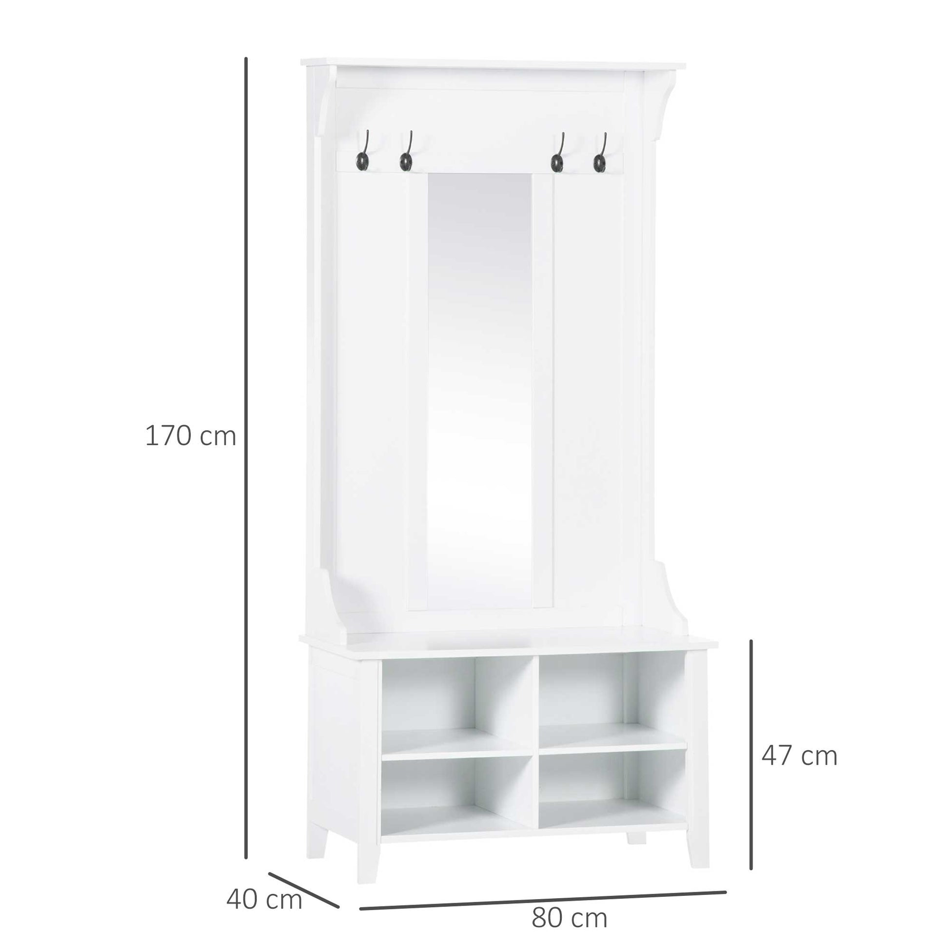 Coat Rack Coat Stand with Mirror Shoe Rack 4 Hooks Wood 80x40x170cm White