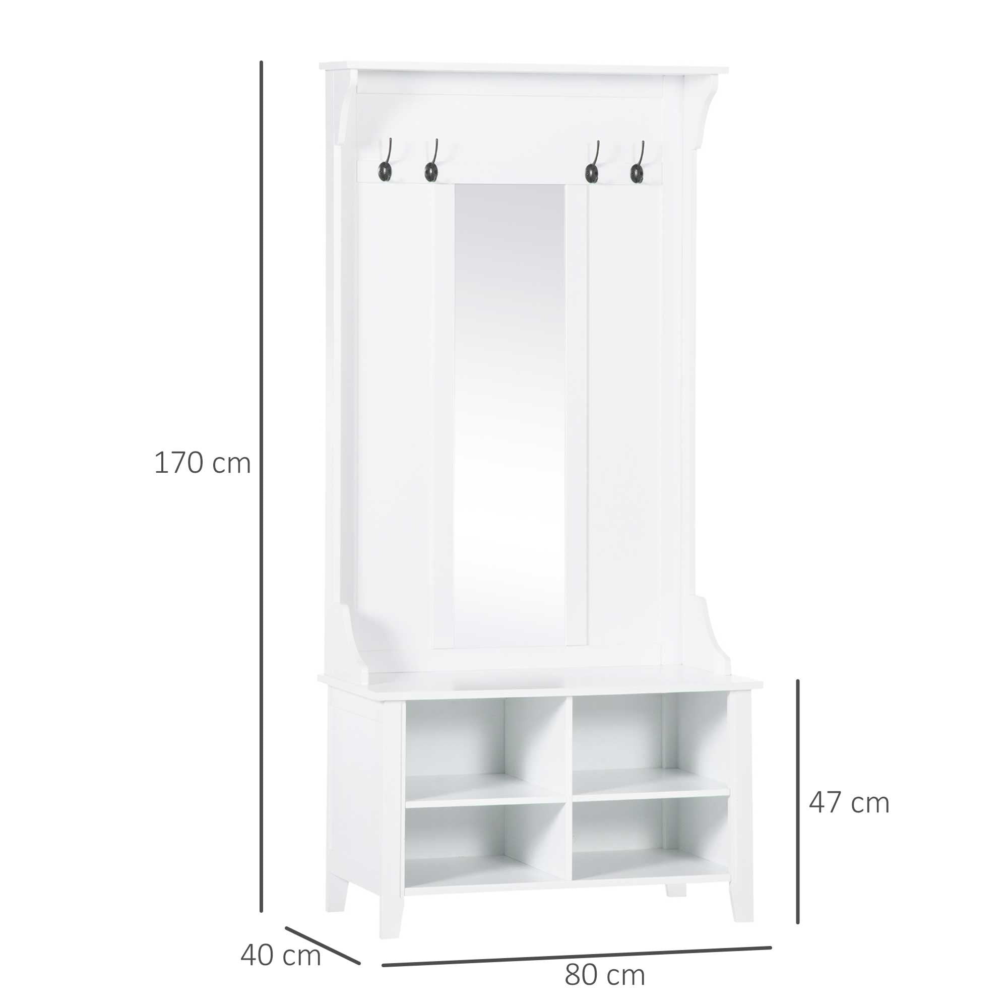 Coat Rack Coat Stand with Mirror Shoe Rack 4 Hooks Wood 80x40x170cm White