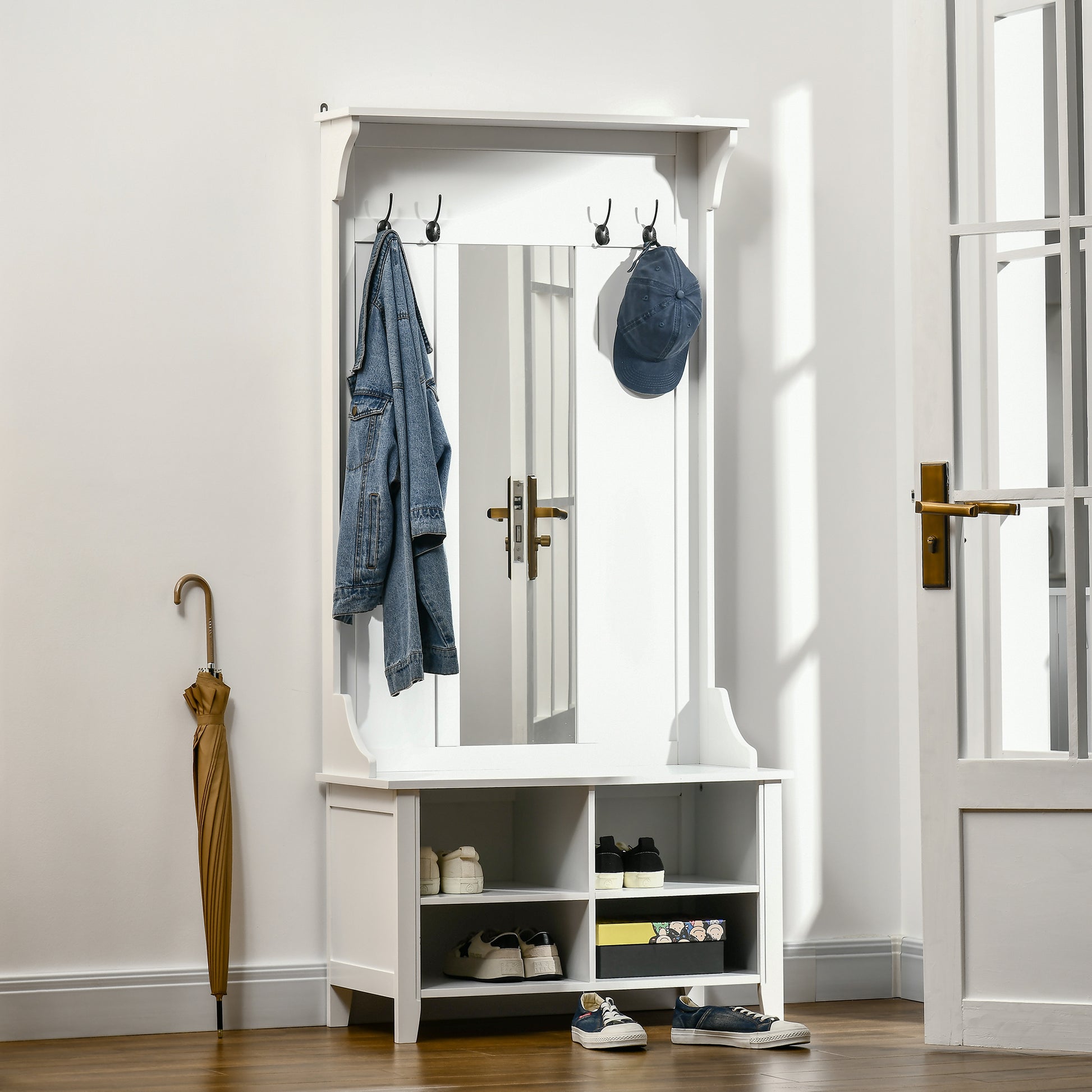 Coat Rack Coat Stand with Mirror Shoe Rack 4 Hooks Wood 80x40x170cm White