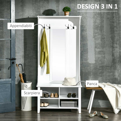 Coat Rack Coat Stand with Mirror Shoe Rack 4 Hooks Wood 80x40x170cm White