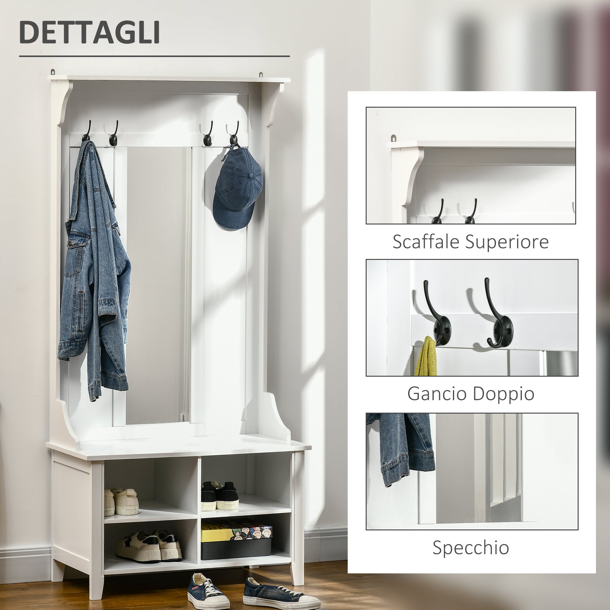 Coat Rack Coat Stand with Mirror Shoe Rack 4 Hooks Wood 80x40x170cm White