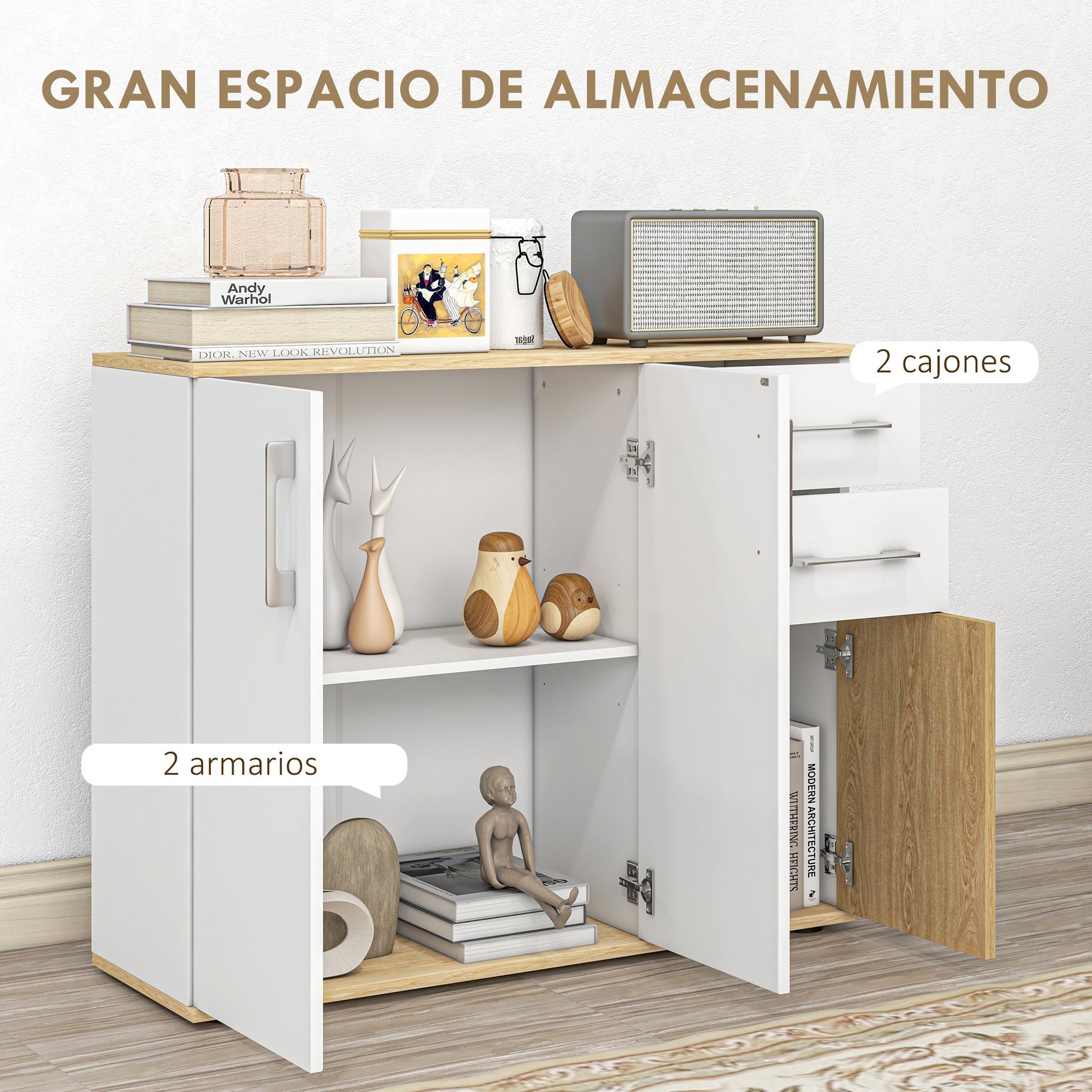 Modern Living Room Sideboard Kitchen Sideboard with 2 Drawers 2 Cabinets and Adjustable Shelves for Bedroom Dining Room Hallway 90x30x75.5 cm White and Natural