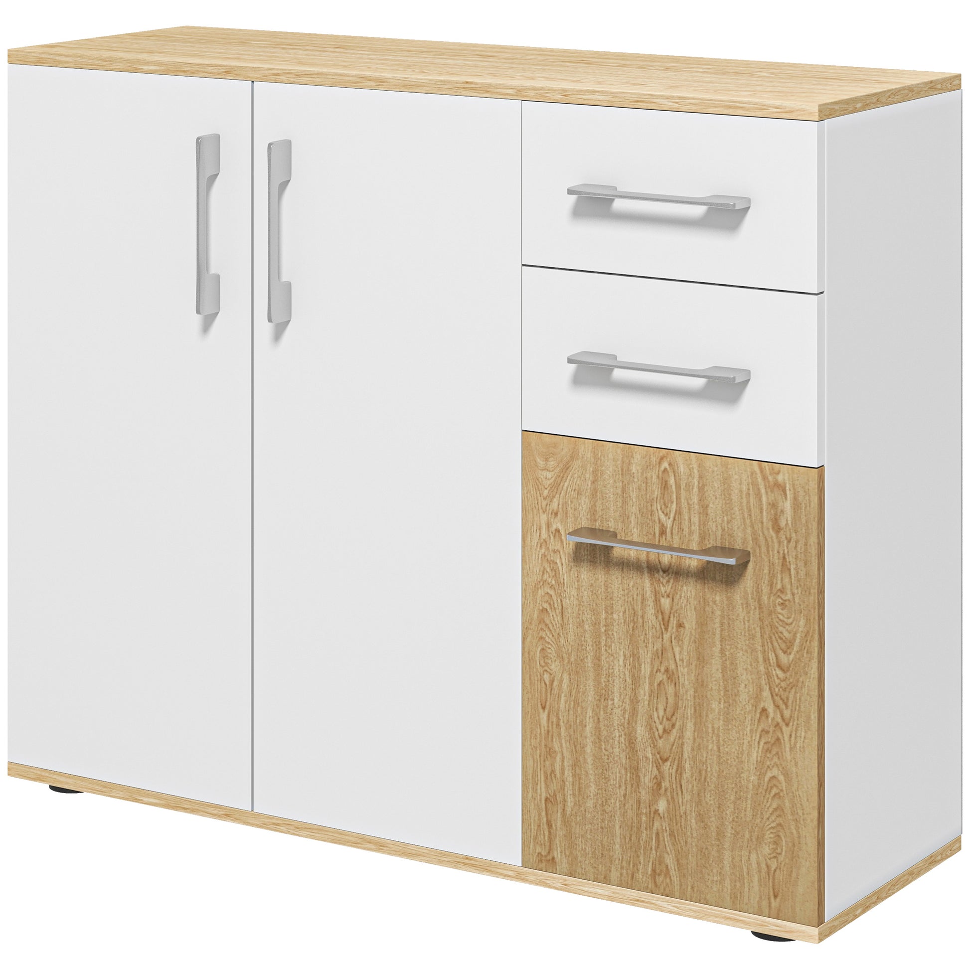 Modern Living Room Sideboard Kitchen Sideboard with 2 Drawers 2 Cabinets and Adjustable Shelves for Bedroom Dining Room Hallway 90x30x75.5 cm White and Natural
