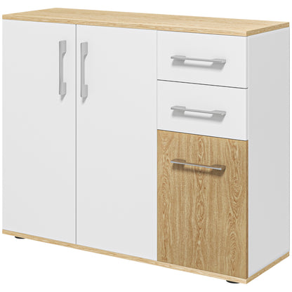 Modern Living Room Sideboard Kitchen Sideboard with 2 Drawers 2 Cabinets and Adjustable Shelves for Bedroom Dining Room Hallway 90x30x75.5 cm White and Natural