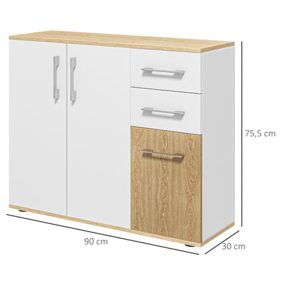 Modern Living Room Sideboard Kitchen Sideboard with 2 Drawers 2 Cabinets and Adjustable Shelves for Bedroom Dining Room Hallway 90x30x75.5 cm White and Natural