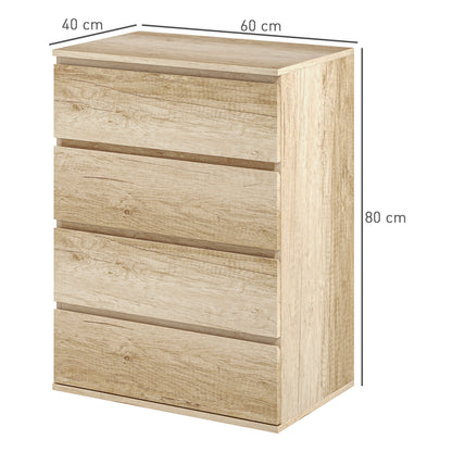 4-Drawer Dresser Bedroom Storage Cabinet Modern Style with Soft-Close Mechanism, for Bedroom, Living Room - 60 x 40 x 80 cm, Natural Wood