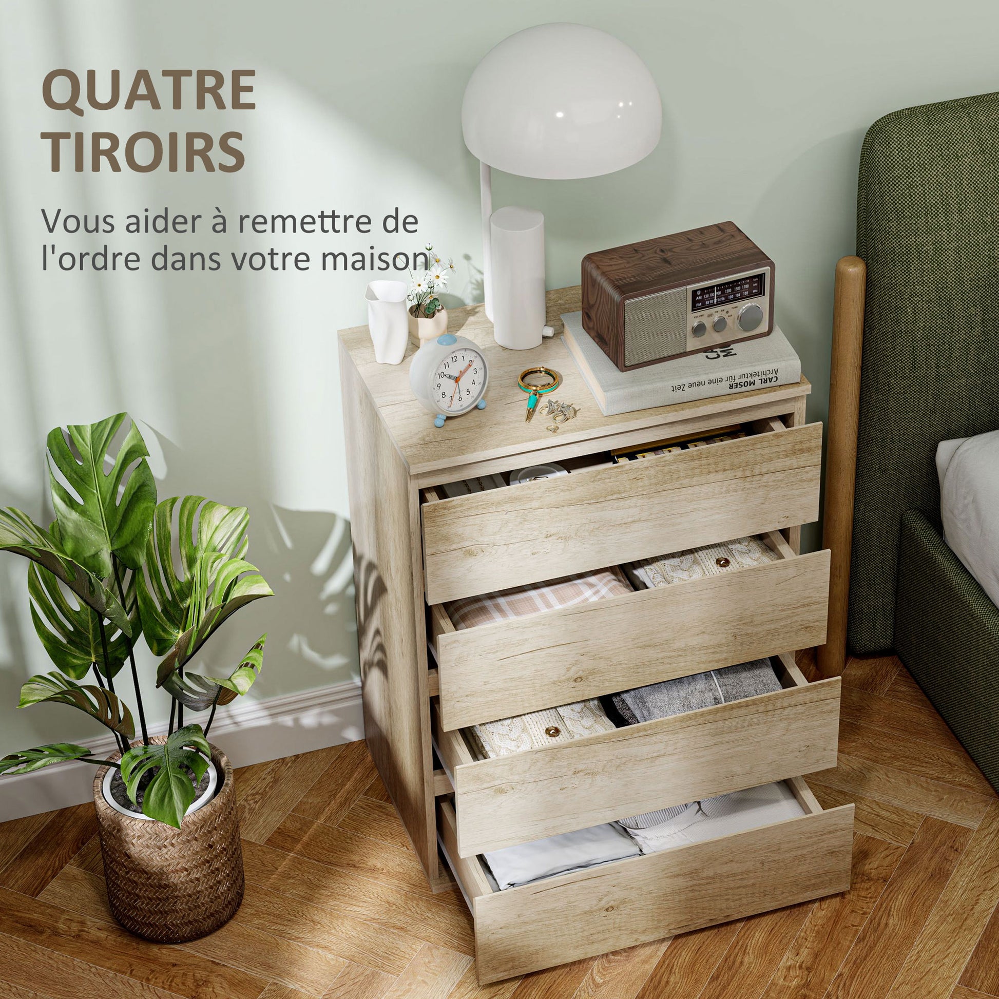 4-Drawer Dresser Bedroom Storage Cabinet Modern Style with Soft-Close Mechanism, for Bedroom, Living Room - 60 x 40 x 80 cm, Natural Wood