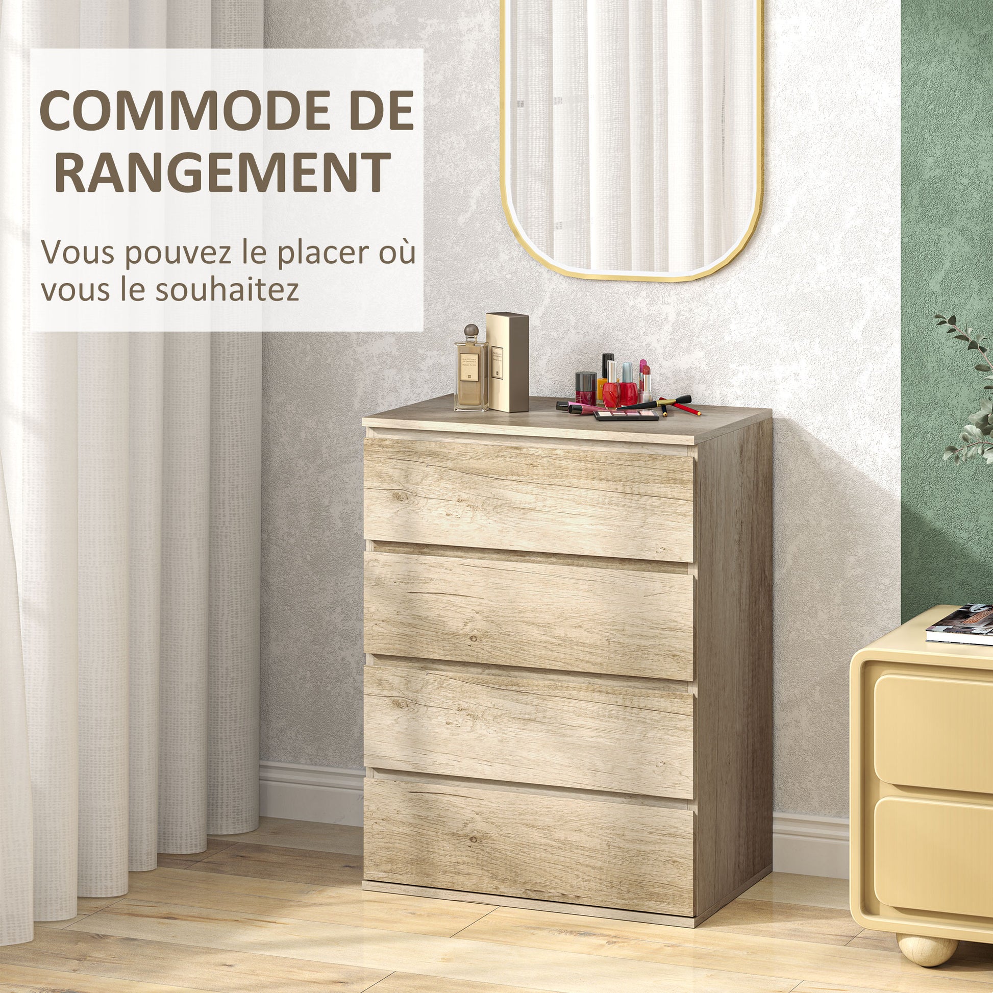 4-Drawer Dresser Bedroom Storage Cabinet Modern Style with Soft-Close Mechanism, for Bedroom, Living Room - 60 x 40 x 80 cm, Natural Wood