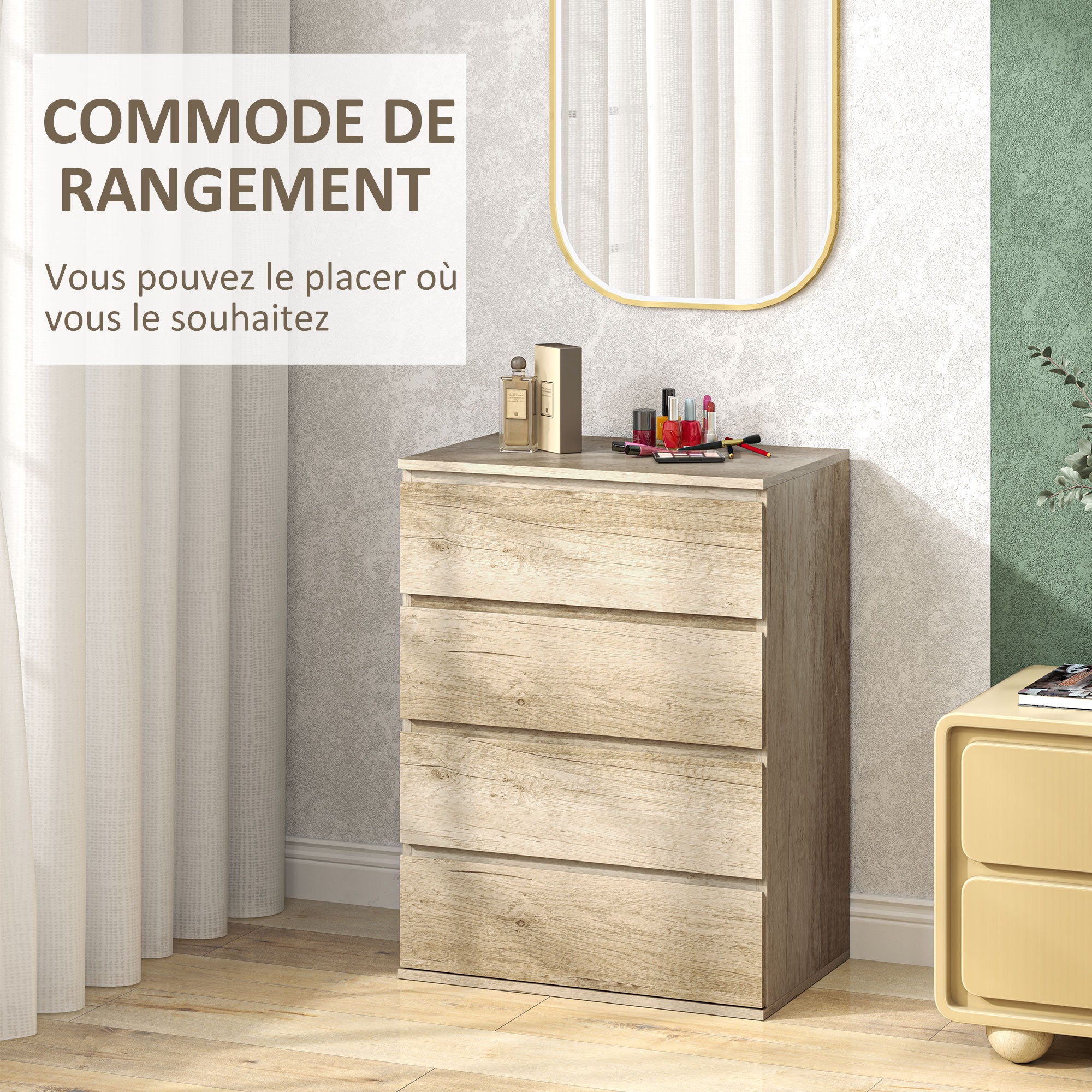 4-Drawer Dresser Bedroom Storage Cabinet Modern Style with Soft-Close Mechanism, for Bedroom, Living Room - 60 x 40 x 80 cm, Natural Wood
