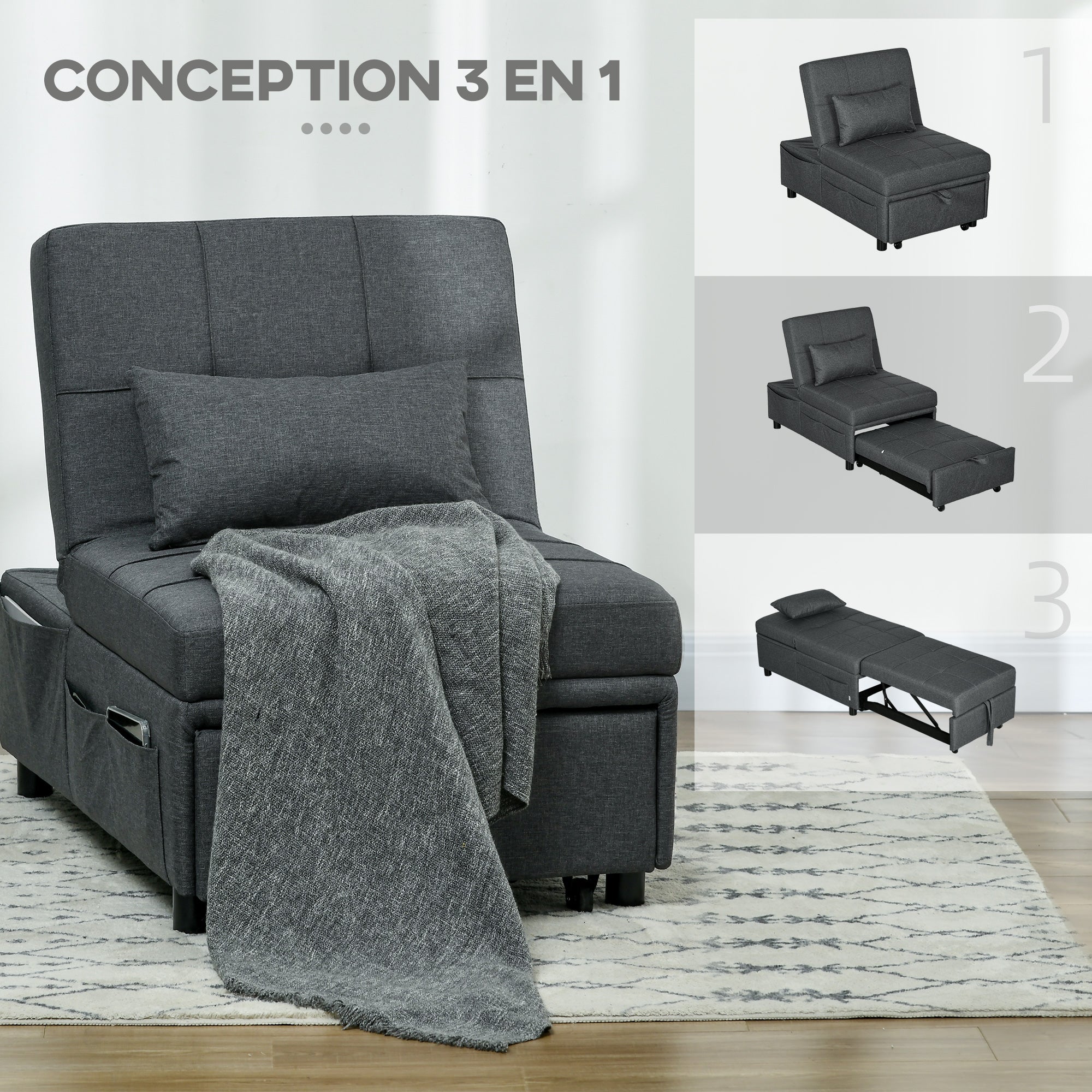 3-in-1 Convertible Single Armchair — Recliner, Ottoman & Single Sofa Bed, Adjustable Back, Padded Seat and Pillow, Gray
