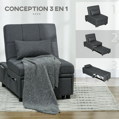 3-in-1 Convertible Single Armchair — Recliner, Ottoman & Single Sofa Bed, Adjustable Back, Padded Seat and Pillow, Gray