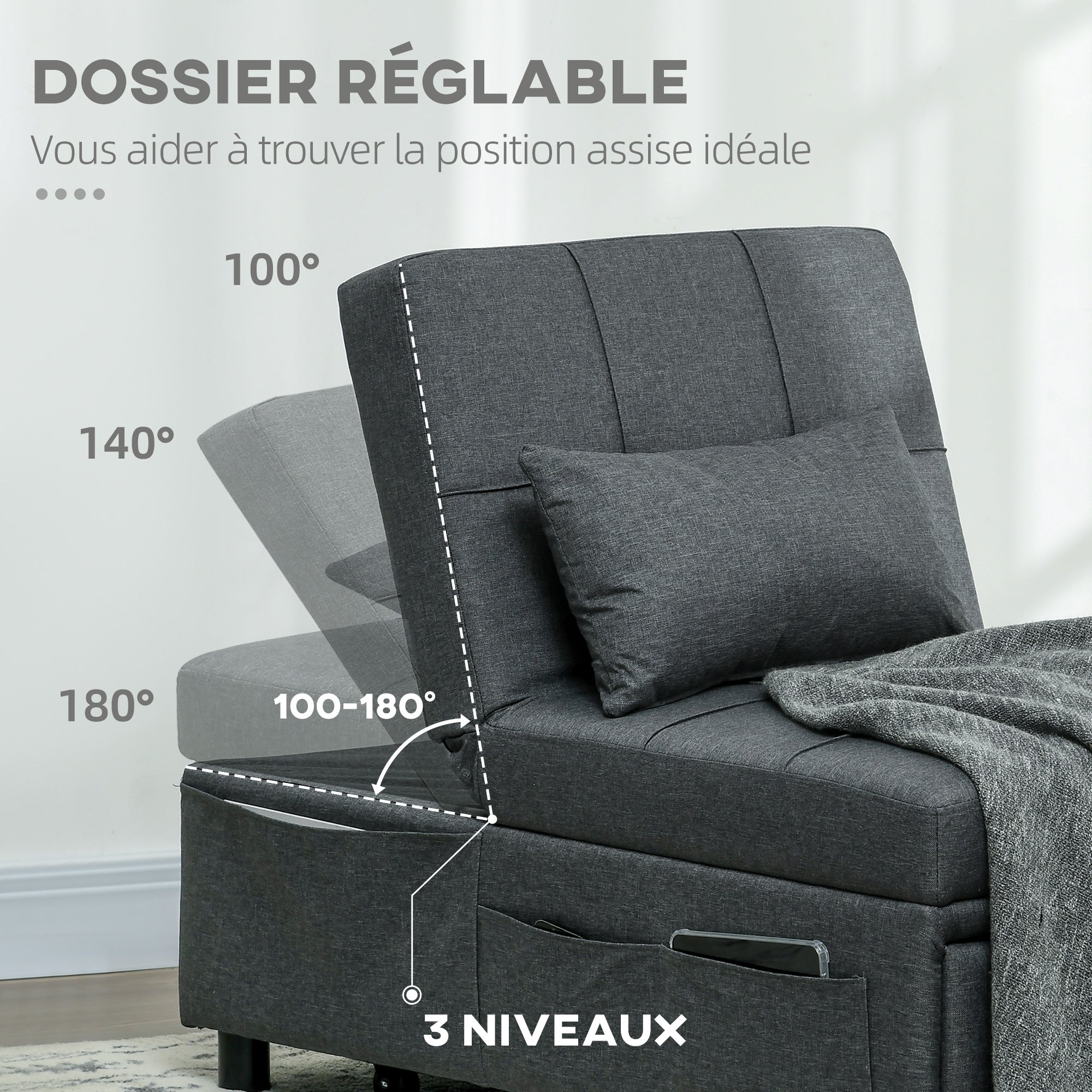 3-in-1 Convertible Single Armchair — Recliner, Ottoman & Single Sofa Bed, Adjustable Back, Padded Seat and Pillow, Gray